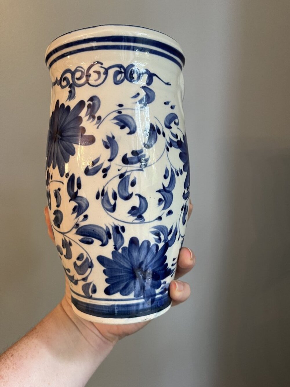 Hand-Painted Blue & White Floral Ceramic Vase 8" Tall - Made In Vietnam